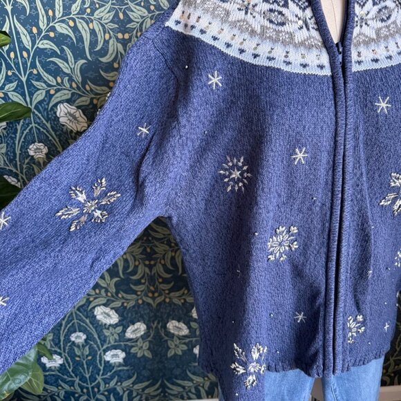 Vintage 90s Zip Up Fair Isle Nordic Snowflake Cotton & Ramie Cardigan - Picture 3 of 10